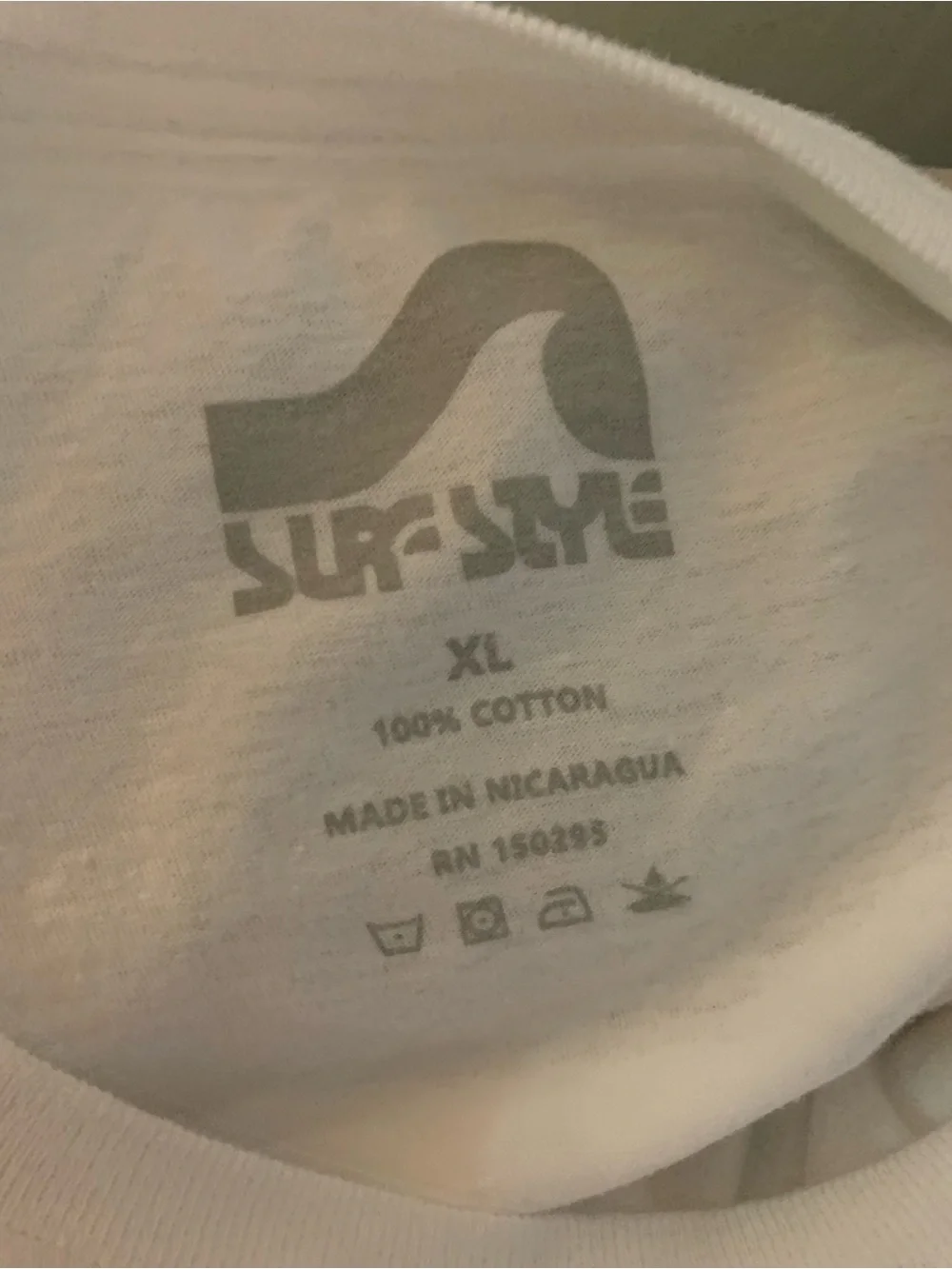 surf style White Tee with Blue Logo and Rainbow Wave